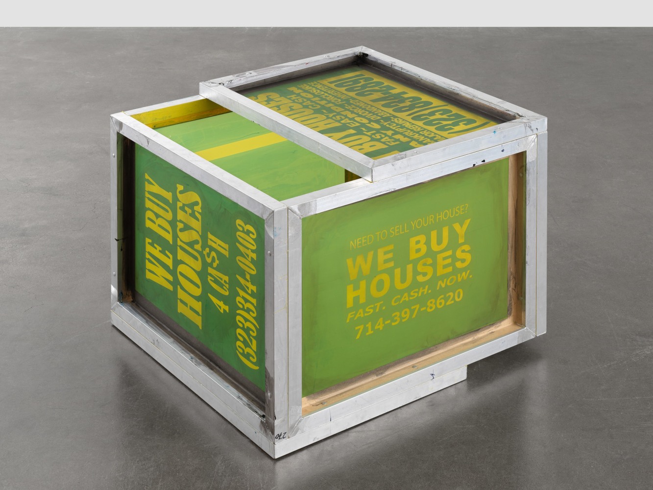 WALEAD BESHTY

[I BUY HOUSES FAST EASY CASH ANY CONDITION BANKRUPTCY DIVORCE FORCLOSURE MAJOR REPAIRS ABANDONED INHERITANCE (323) 834-2891; NEED TO SELL YOUR HOUSE? WE BUY HOUSES FAST. CASH. NOW. 714-397-8620; IMMIGRATION Services 323.582-9871 2407 Randolph St., HP; $ $$ COMPRO CASAS 310-803-5360; DIVORCE CUSTODY 818-277-4006 Hablamos Espa&amp;ntilde;ol; WE BUY HOUSES 4 CA$H (323) 314-0403]

2021

Silkscreen, aluminum, vinyl screen ink, tape

86.5 x 66 x 78.5 cm / 34 x 26 x 31 in

BESHT48001

&amp;nbsp;