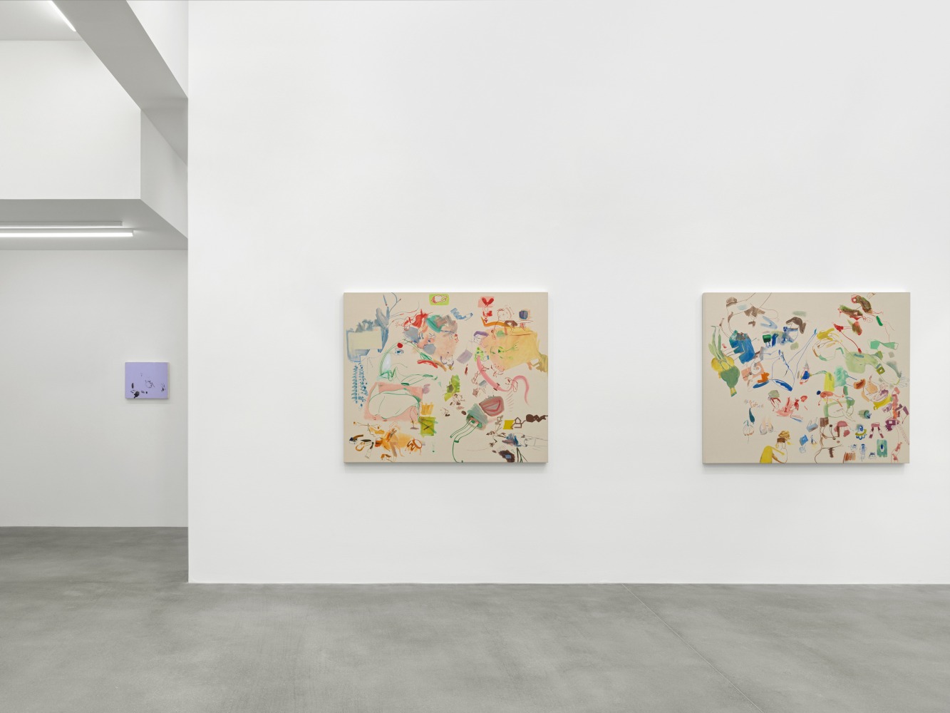 Installation view of Sue Williams painting and collage exhibition