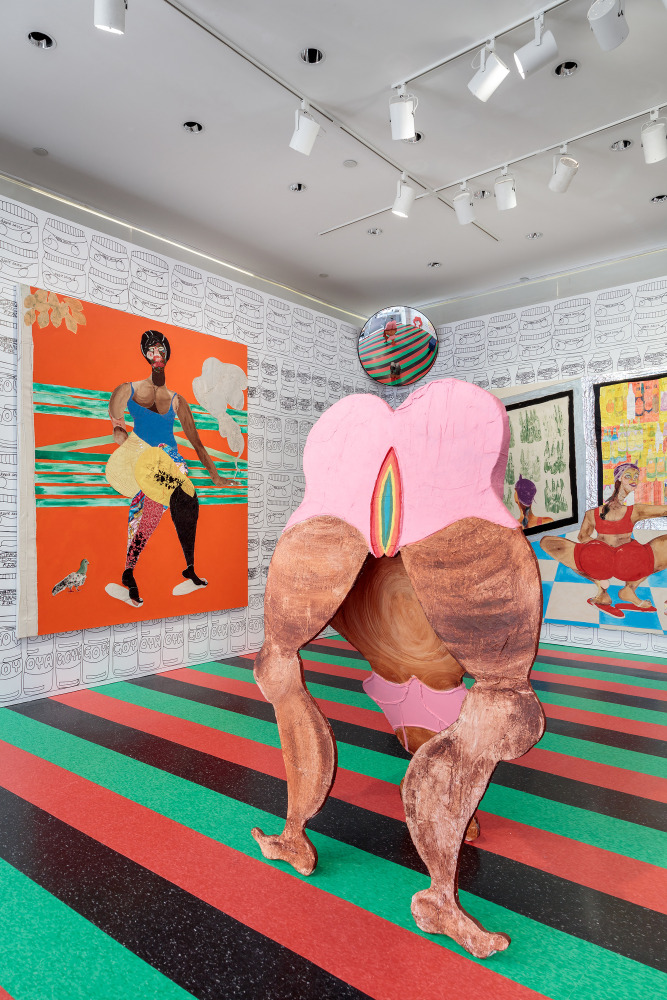 Installation view of paintings and sculptures by Tschabalala Self