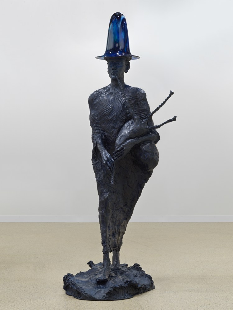 bronze sculpture of a man with a blue glass hat by Jean-Marie Appriou
