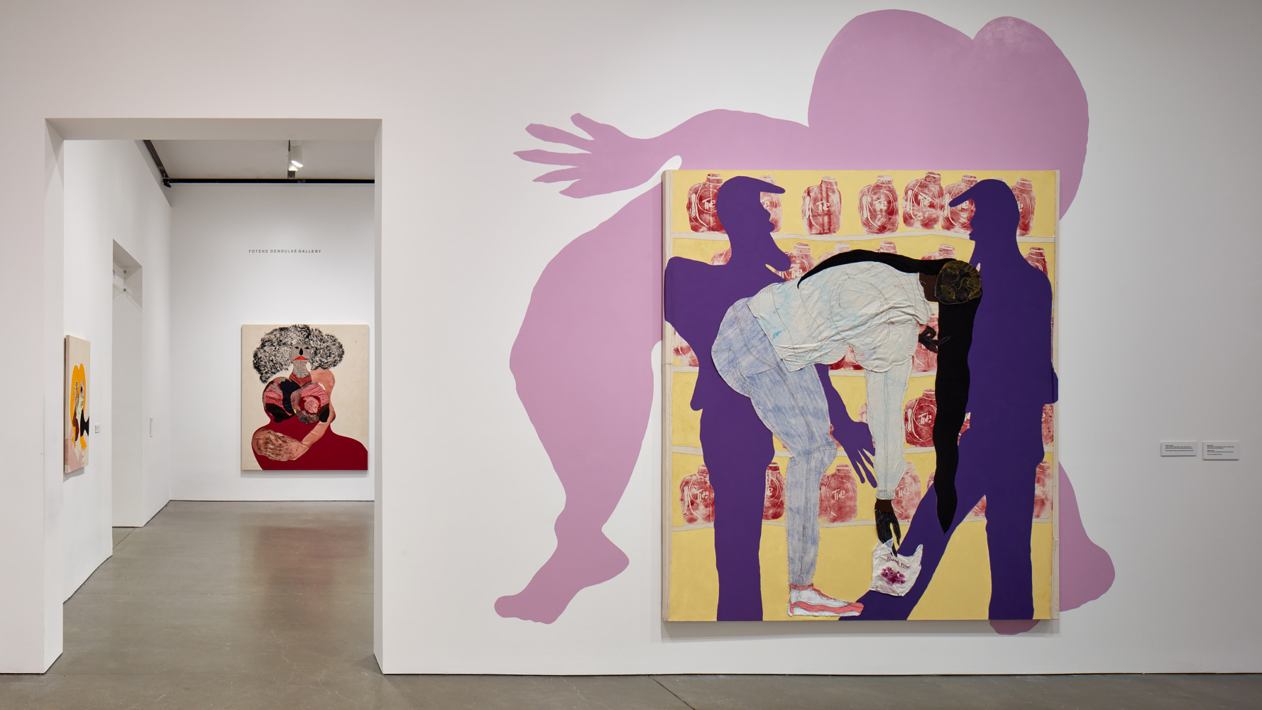 Installation view of paintings and sculptures by Tschabalala Self