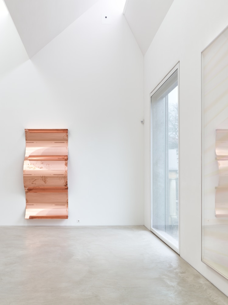 Walead Beshty Copper Surrogates (48&quot; x 120&quot; 48 ounce C11000 Copper Alloy, Concave Curve / 48&quot; x 120&quot; 48 ounce C11000 Copper Alloy, Convex Curve / 48&quot; x 120&quot; 48 ounce C11000 Copper Alloy, Concave Curve: January 13-17/August 12, 2020, Winterthur, Switzerland) 2019 Polished copper, 3 parts 1 part, 122 x 84 x 43 cm / 48 x 33 x 17 in 2 parts, each 122 x 84 x 23 cm / 48 x 33 x 9 in