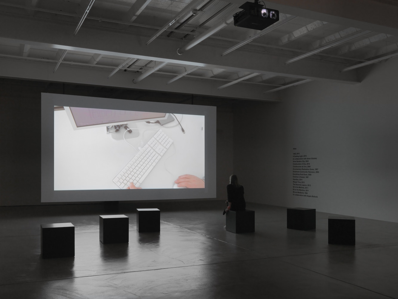 Installation view of Liam Gillick audio and film installation exhibition
