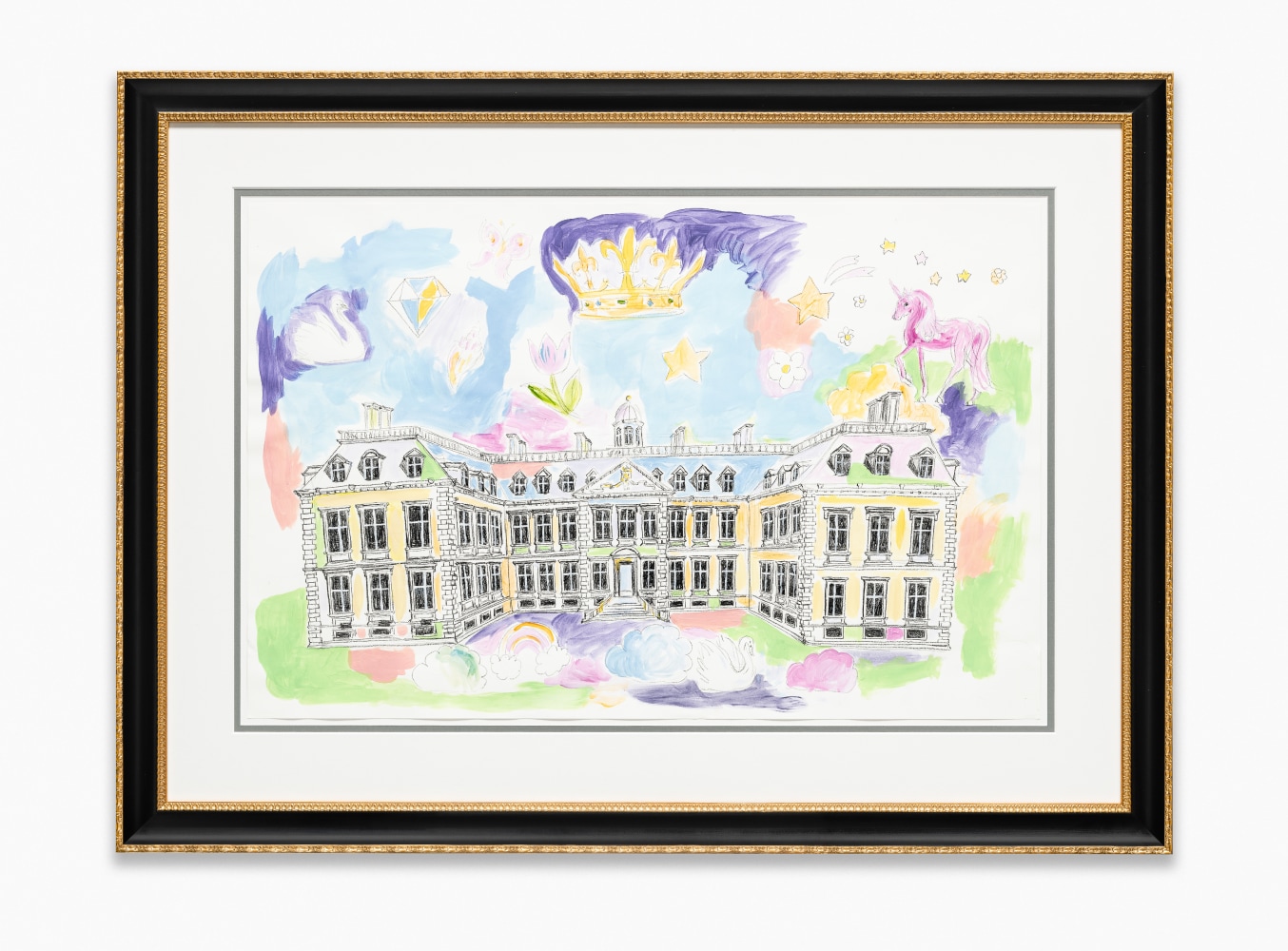 drawing of a castle in dreamy colorful cloud with items around by Karen Kilimnik