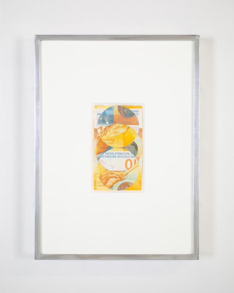 Blind Collage (Three 180&amp;deg; Rotations, Swiss National Bank Ten-Franc Note: Series 2017, Issued by Banque Nationale Suisse, Printed in Z&amp;uuml;rich, Switzerland by Orell F&amp;uuml;ssli Security Printing Ltd., Designed by Manuela Pfrunder GMBH, Serial No. 16R7373542, #2)
2021
Swiss National Bank ten-franc note, tape, and 22 karat gold leaf
Object 7 x 12.5 cm / 2 3/4 x 4 7/8 inches
Frame 24 x 32.5 cm / 9 1/2 x 12 7/8 inches
BESHT48260