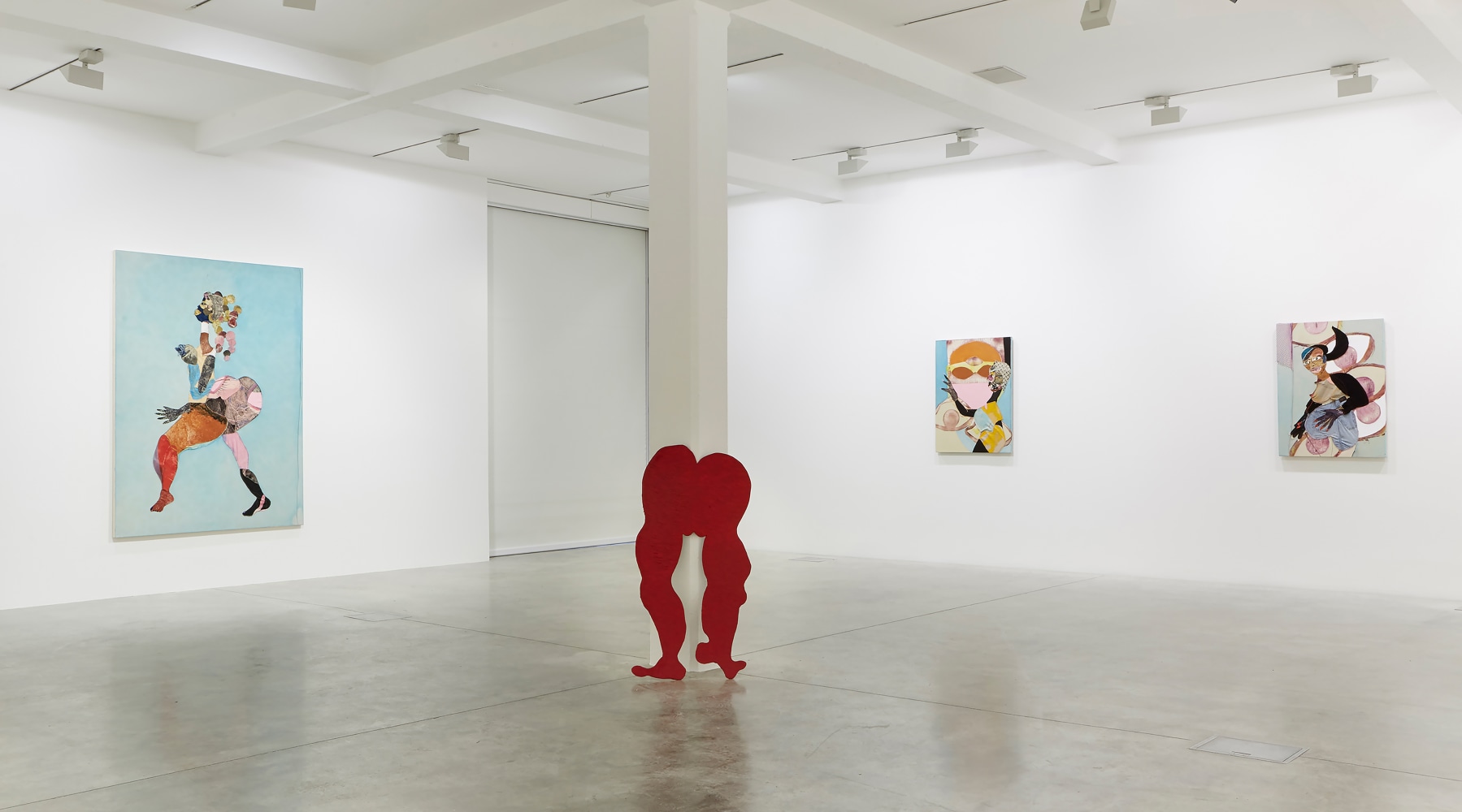 Installation view of paintings and sculptures by Tschabalala Self