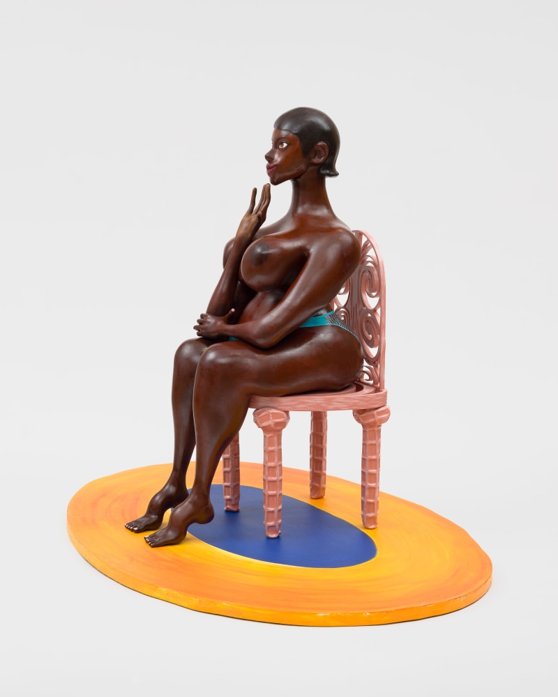Heroine inspired by the fantasy of Saartjie Bartmann in Paris 1

2023

3D printed PLA, epoxy resin, oil primer, acrylic, steel and MDF stand

(Figures), 3D printed PLA, epoxy resin, MDF, oil primer, acrylic (Chair)

Sculpture 155.5 x 66 x 89 cm / 61 1/4 x 26 x 35 in

Pedestal 5 x 244 x 152 cm / 2 x 96 1/8 x 59 7/8 in

&amp;copy; Tschabalala Self&amp;nbsp;