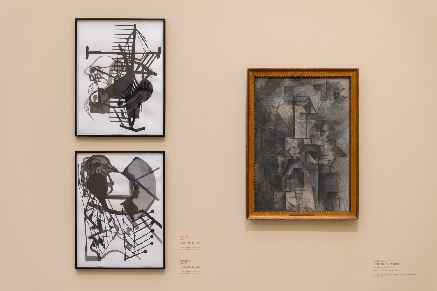 Installation view of paintings by Tobias Pils and works by other artists