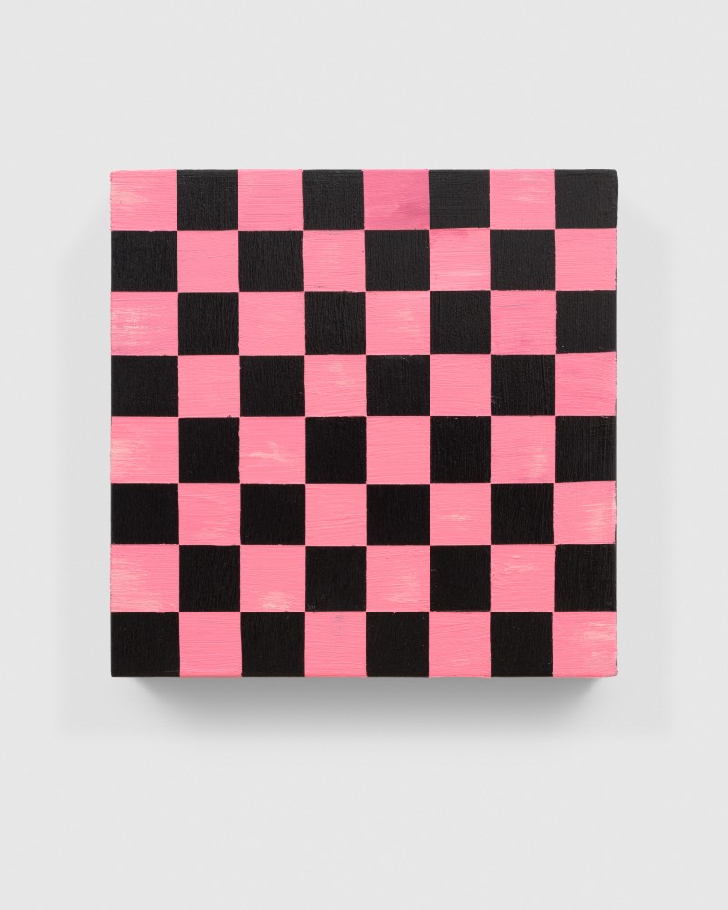 checkerboard painting in pink and black by Sarah Ortmeyer