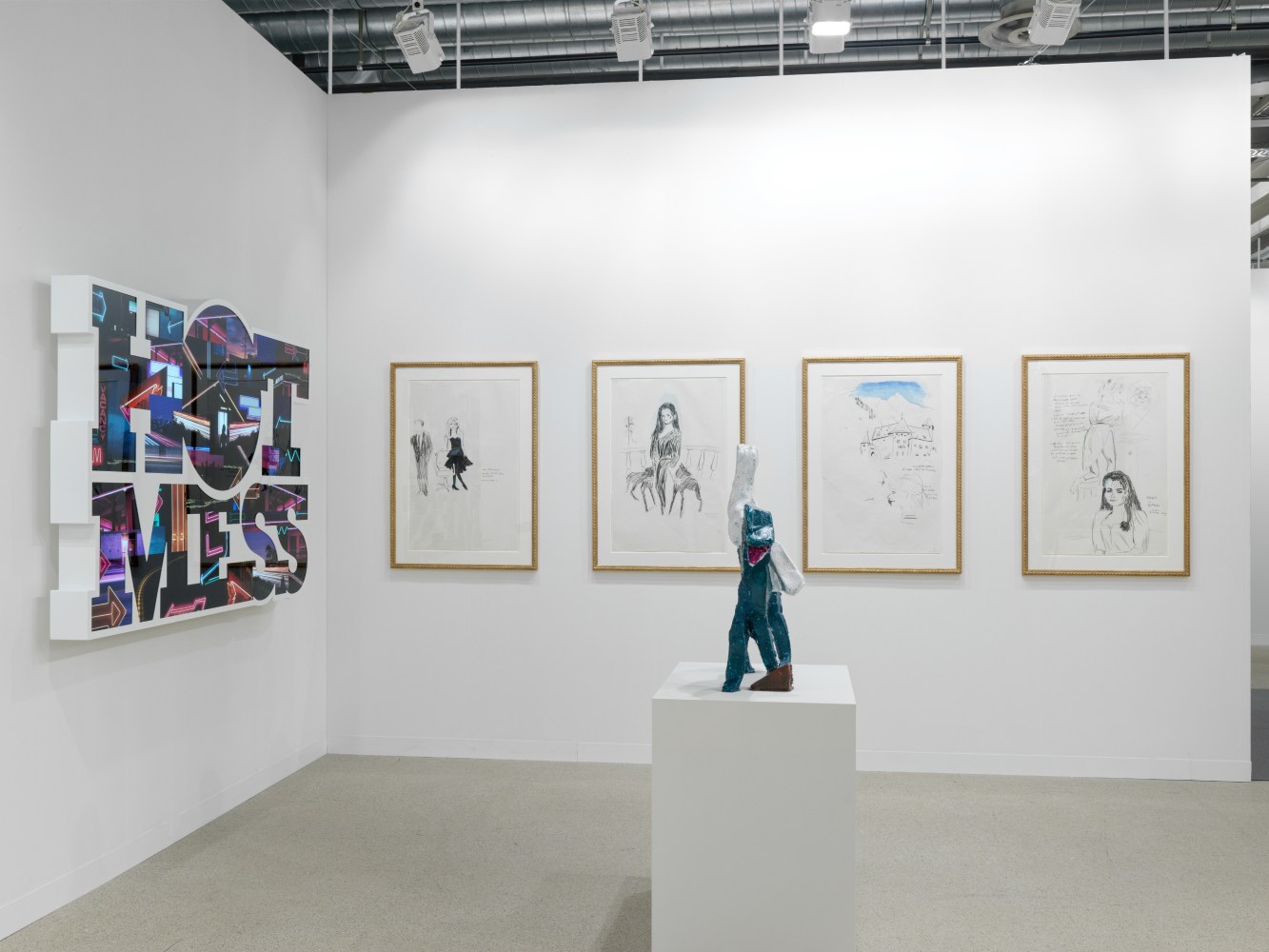 installation view of paintings and sculptures by various artists