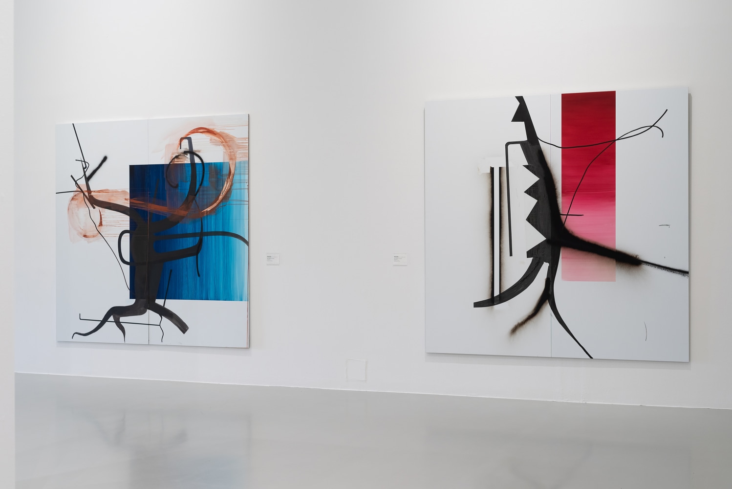 Installation view of paintings by Albert Oehlen and Carroll Dunham
