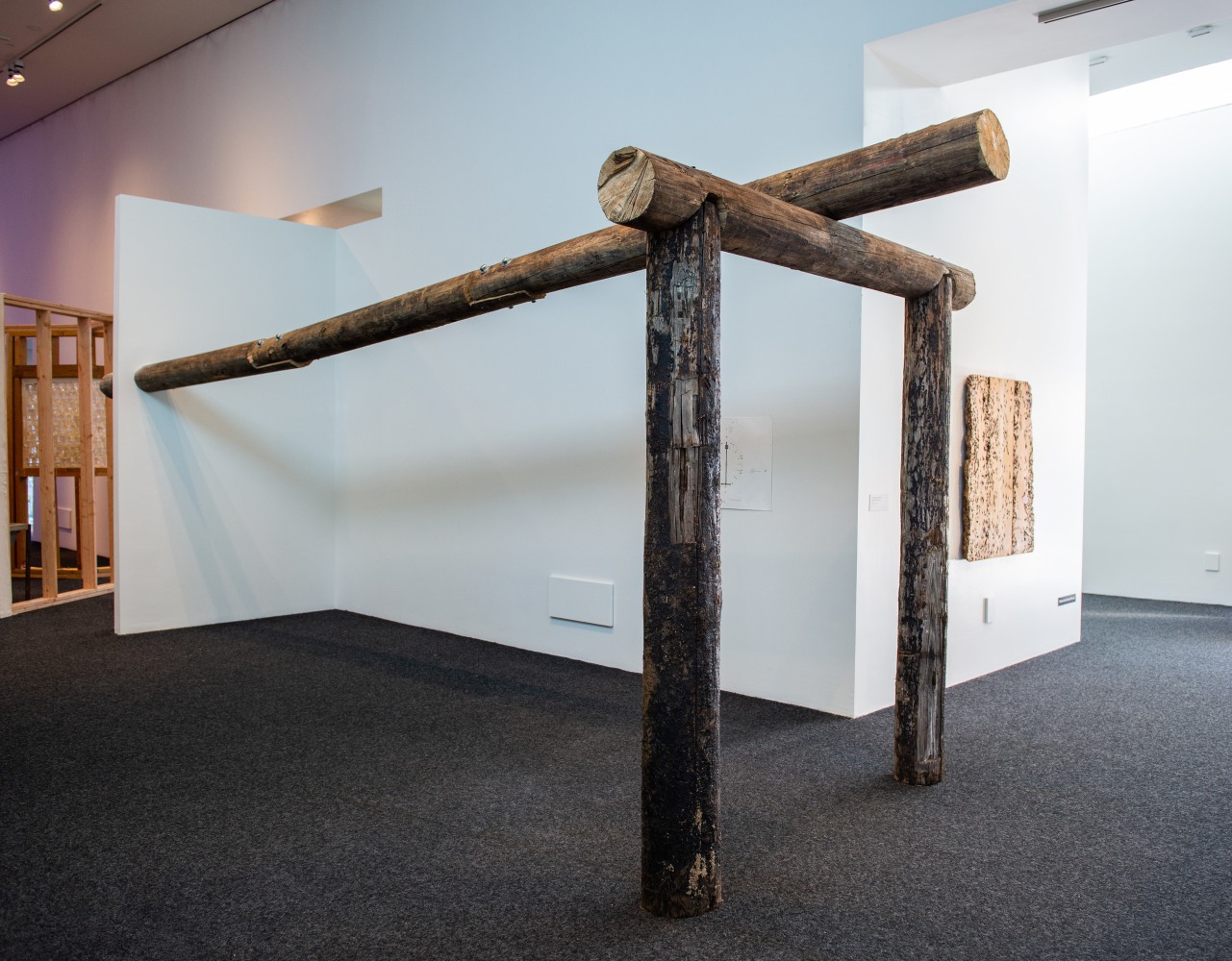 Installation view of sculpture by Oscar Tuazon