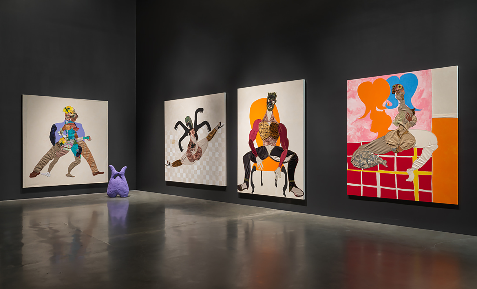 Installation view of paintings and sculptures by Tschabalala Self