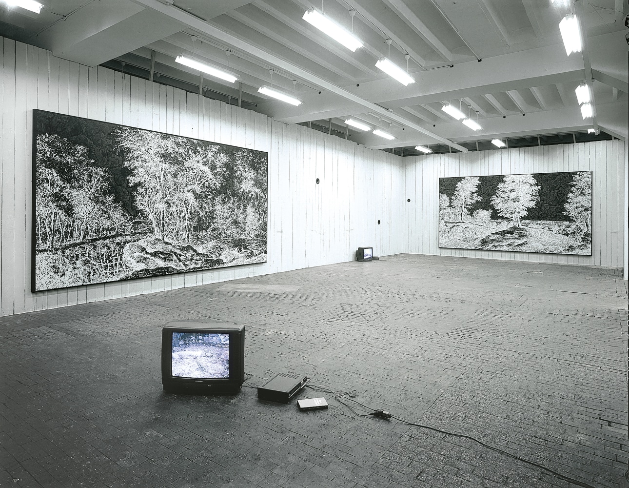Installation view of paintings and video works by Ugo Rondinone