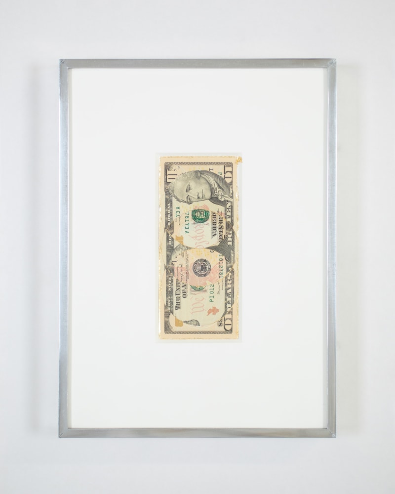 Blind Collage (Three 180&amp;deg; Rotations, United States Federal Reserve Ten-Dollar Note: Series 2017, Issued by Federal Reserve Bank of Minneapolis, Minnesota, Printed in Washington, District of Columbia, Plate Position G1, Front Plate No. 20, Back Plate No. 40, Serial No. PI01278173A, #2)
2021
United States Federal Reserve ten-dollar bill, tape, and 22 karat gold leaf
Object 6.5 x 15.5 cm / 2 5/8 x 6 1/8 inches
Frame 24 x 32.5 cm / 9 1/2 x 12 7/8 inches
BESHT48256