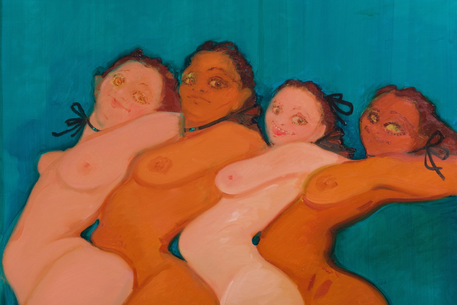 painting of five women in front of a blue background by Sofia Mitsola
