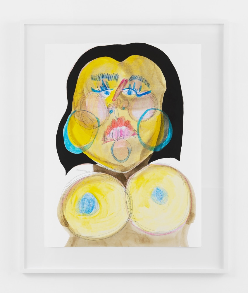 BLACK FACE YELLOW WITH BLACK BOB  2020  Colored pencil, acrylic paint, gouache, charcoal, graphite, on archival inkjet print  Unique  Sheet 91.5 x 71 cm / 36 x 28 inches  Frame 114.5 x 79.5 x 4 cm / 45 x 31 1/4 x 1 1/2 inches