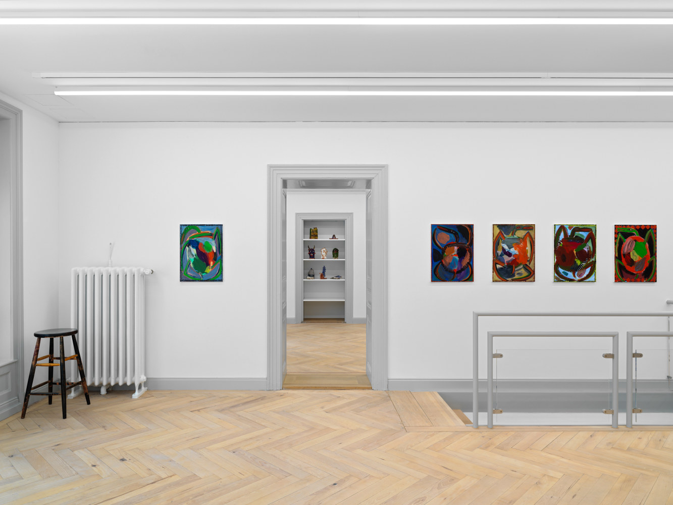 Installation view of Josh Smith paintings, monotypes, and ceramics exhibition