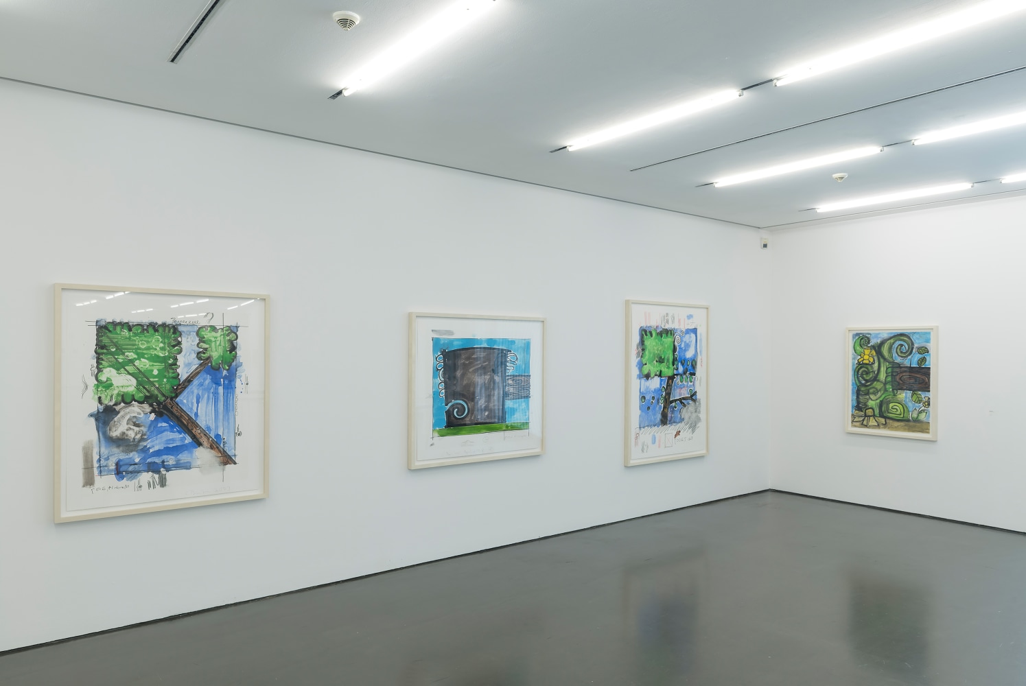 Installation view of paintings by Albert Oehlen and Carroll Dunham