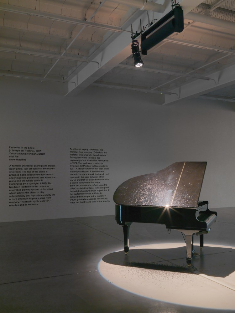 Installation view of Liam Gillick audio and film installation exhibition