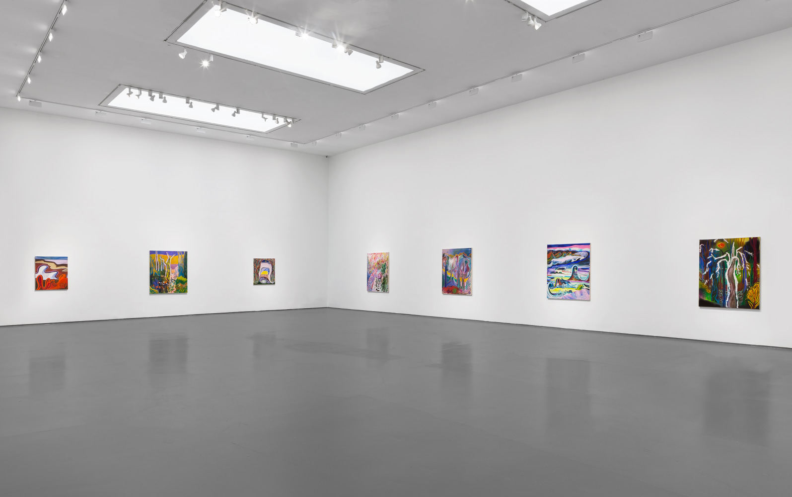 Installation view of paintings by Shara Hughes
