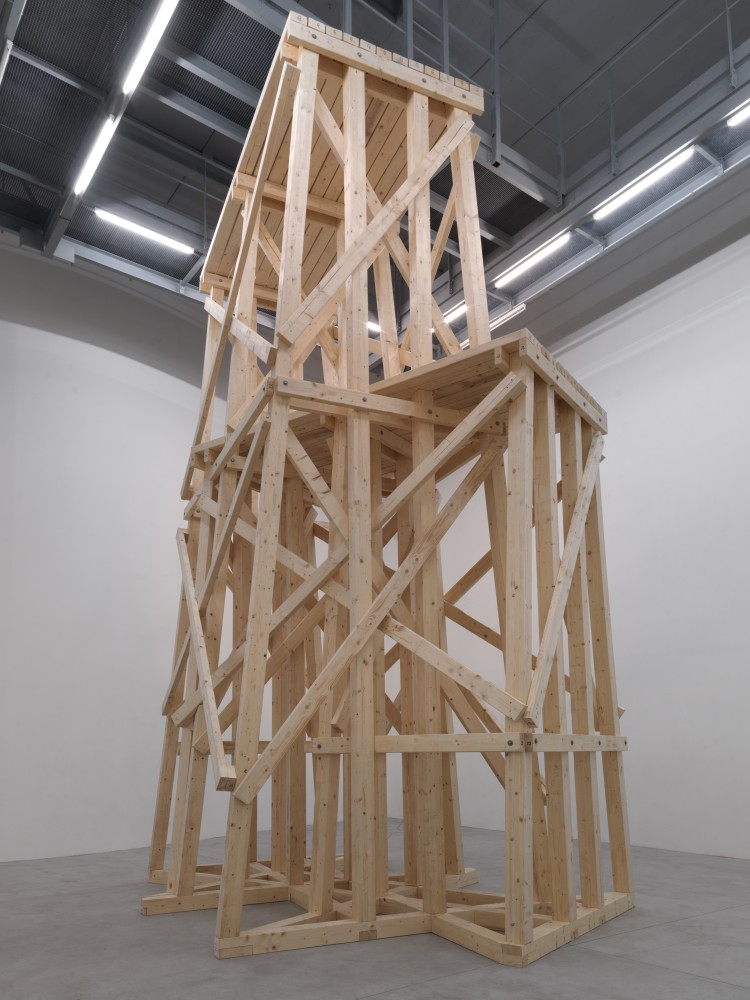 Installation view of sculptures by Oscar Tuazon