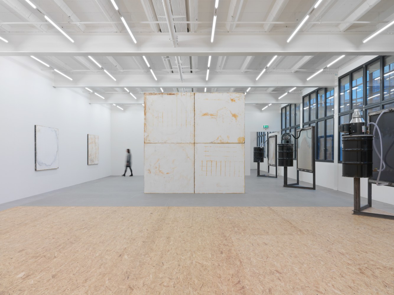 Installation view of Oscar Tuazon sculptures and floor installation exhibition