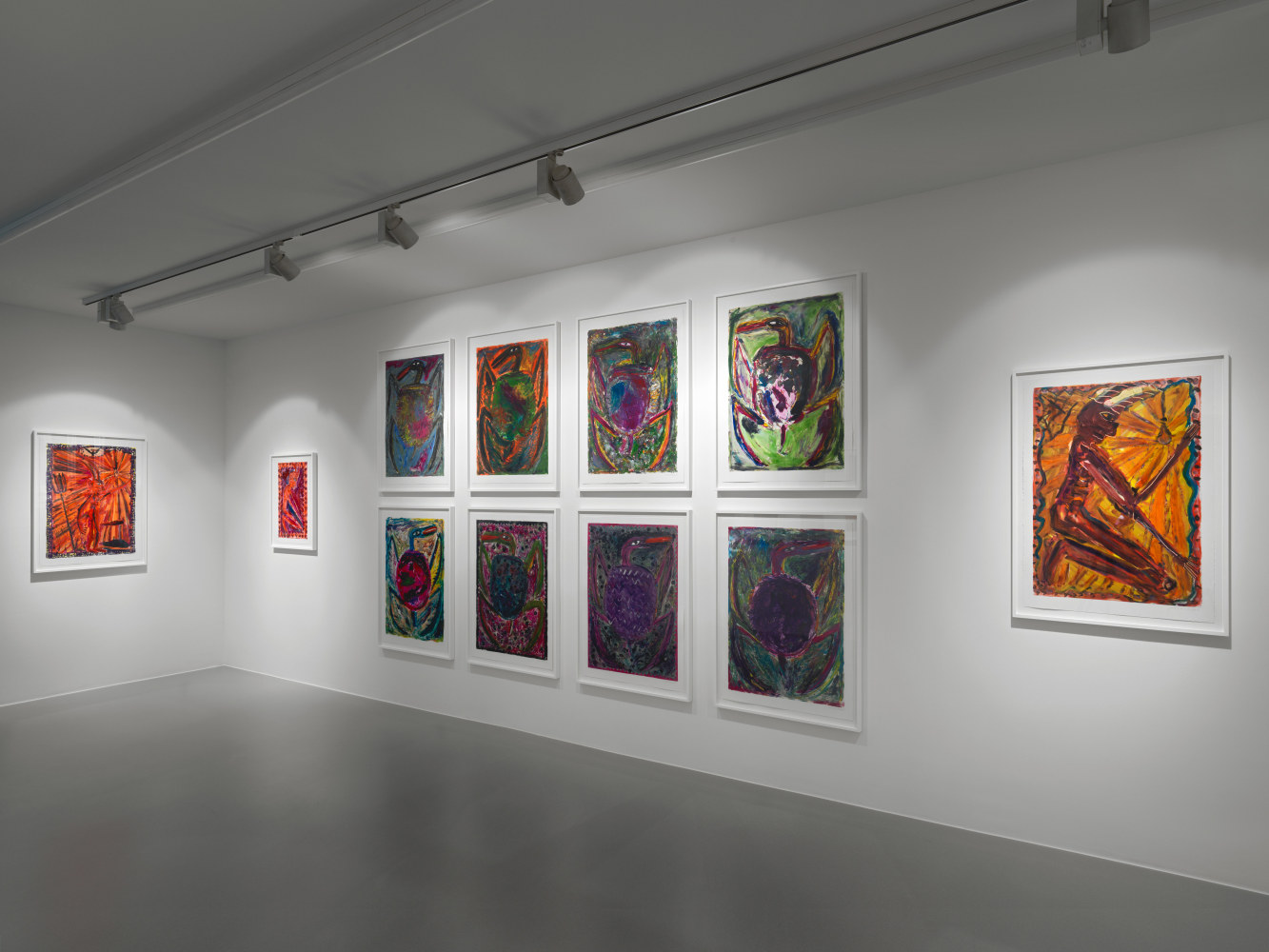 Installation view of Josh Smith paintings, monotypes, and ceramics exhibition