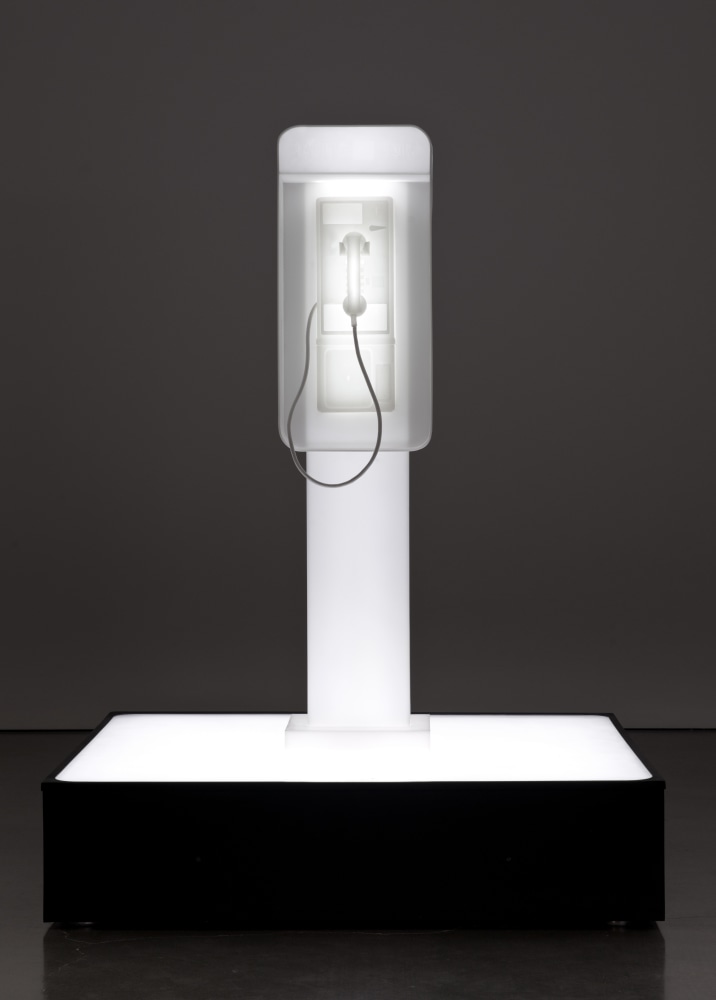 Phonebooth sculpture by Doug Aitken, twilight 2014 Cast resin, acrylic, responsive LEDs 182 x 138 x 138 cm / 71 3/4 x 54 1/4 x 54 1/4 in ​Edition of 4 + 2 AP © Doug Aitken