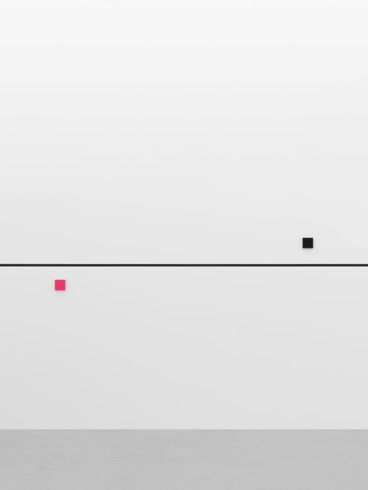 bass + (re)modification

2024

2 objects; lacquered MDF, black line on wall (2.5 cm wide, RAL9005 / deep

black)

Unique

Object 1 10 x 10 x 3 cm / 3 7/8 x 3 7/8 x 1 1/8 in

Object 2 10 x 10 x 3 cm / 3 7/8 x 3 7/8 x 1 1/8 in

Dimensions variable

&amp;copy; Gerwald Rockenschaub