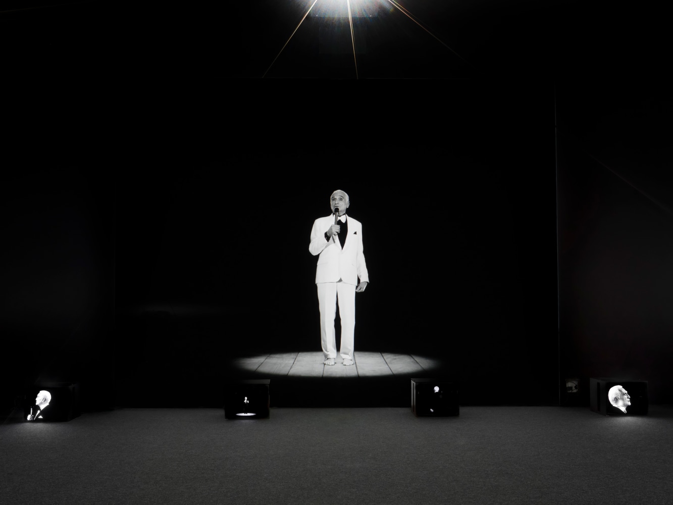 Installation view of Ugo Rondinone THANX 4 NOTHING 2015 Film installation Black &amp; white, stereo sound 2 X 4 films on video projections (films 2K, 4/3) 2 X 16 films on monitors (films HD, 4/3) 24:14 min