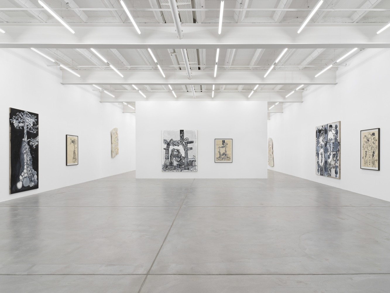 Installation view of Tobias Pils paintings and ink works on paper exhibition