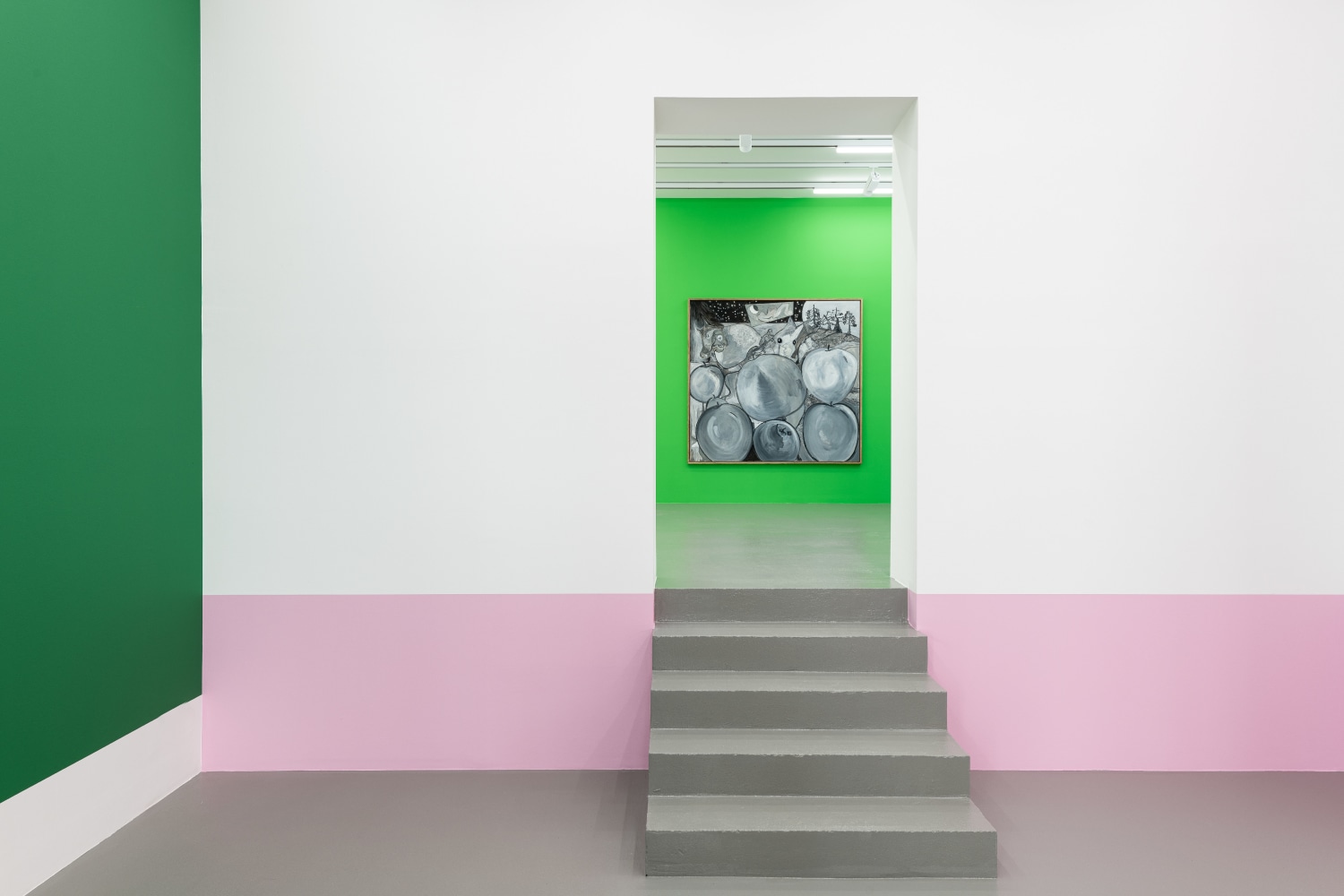 Installation view of paintings by Tobias Pils and wall paintings by Gerwald Rockenschaub