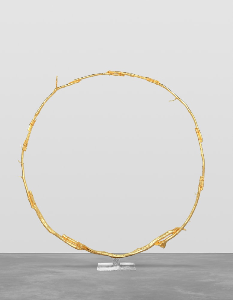 Sun sculpture by Ugo Rondinone, the sun at 3 pm 2018 Gilded bronze, bronze base Object 225 x 225 x 24.5 cm / 88 5/8 x 88 5/8 x 9 5/8 in Pedestal 13.5 x 47 x 23.5 cm / 5 3/8 x 18 1/2 x 9 3/8 in