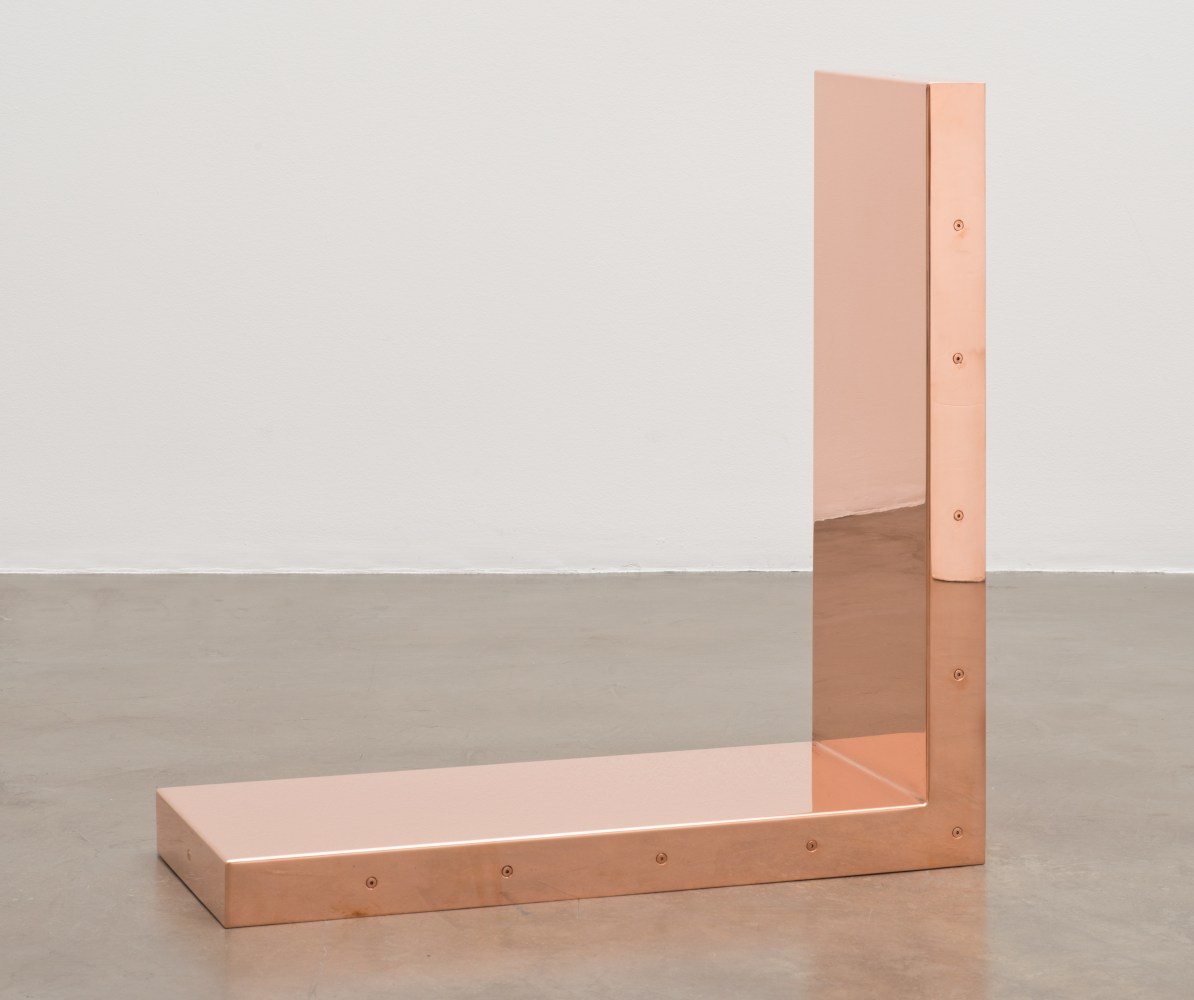Copper wall sculpture by Walead Beshty, Copper Surrogate (60” x 120” 48 ounce C11000 Copper Alloy, 90º Bend, 120” Bisection/Section 9: June 1–8/August 30, 2016, Zürich, Switzerland; June 19–21/November 15, 2018, Chur, Switzerland; May 22/September 13–17, 2019, Geneva, Switzerland; January 10–21/August 13, 2020, Winterthur, Switzerland) 2016– Polished copper 29 x 76 x 76 cm / 11 1/2 x 30 x 30 in