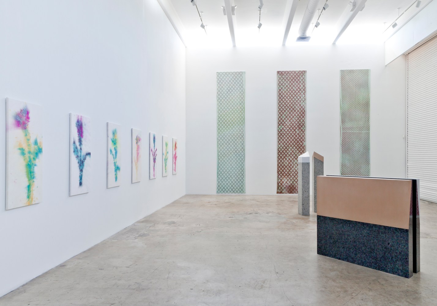Installation view of paintings and sculptures by Sam Falls