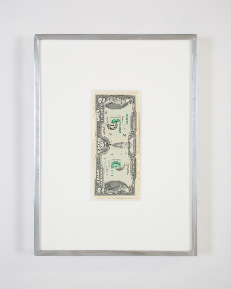 Blind Collage (Three 180&amp;deg; Rotations, United States Federal Reserve Two-Dollar Note: Series 2013, Issued by Federal Reserve Bank of San Francisco, California, Printed in Fort Worth, Texas, Plate Position F4, Front Plate No. 44, Back Plate No. 56, Serial No. L84090167A, #2) 

2021
United States Federal Reserve two-dollar note, tape, and 22 karat gold leaf
Object 6.5 x 15.5 cm / 2 5/8 x 6 1/8 inches
Frame 24 x 32.5 cm / 9 1/2 x 12 7/8 inches
BESHT48253