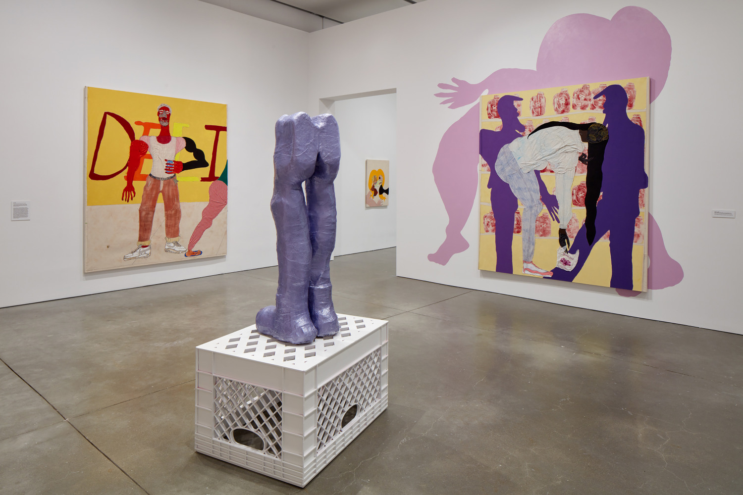 Installation view of paintings and sculptures by Tschabalala Self
