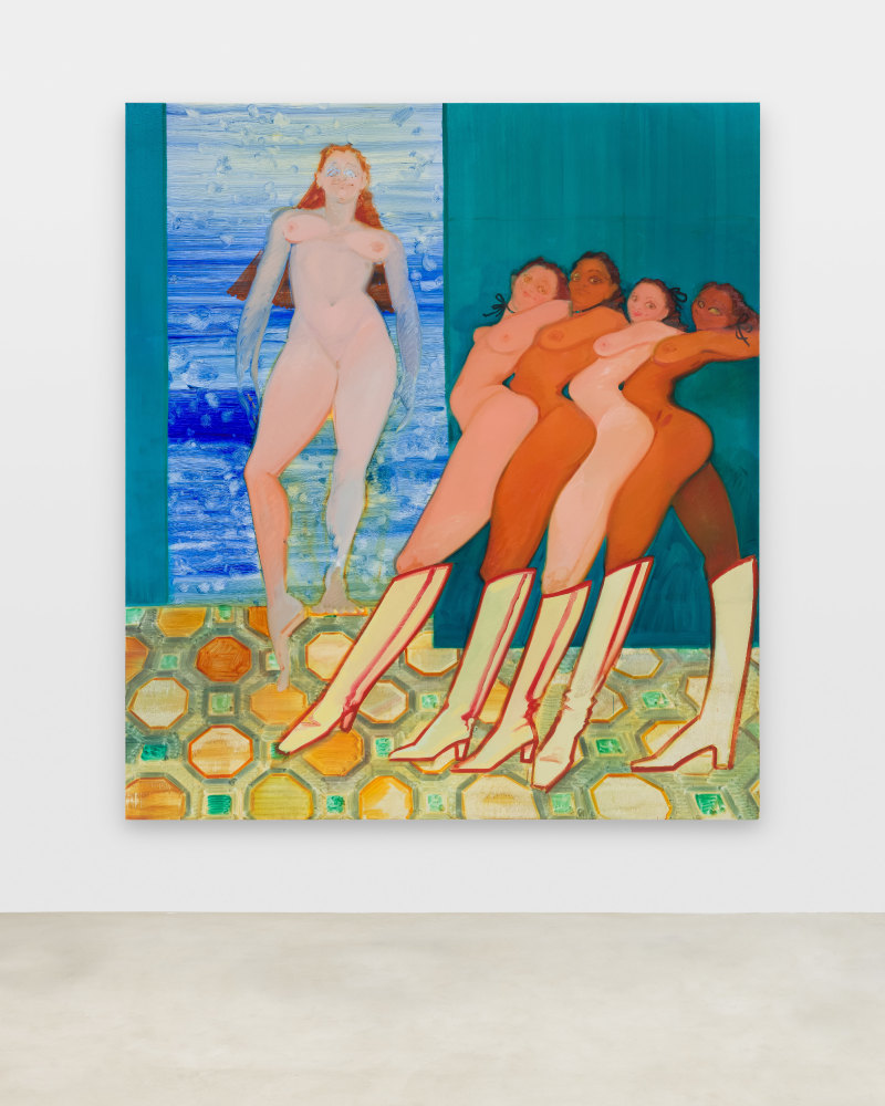 painting of five women in front of a blue background by Sofia Mitsola