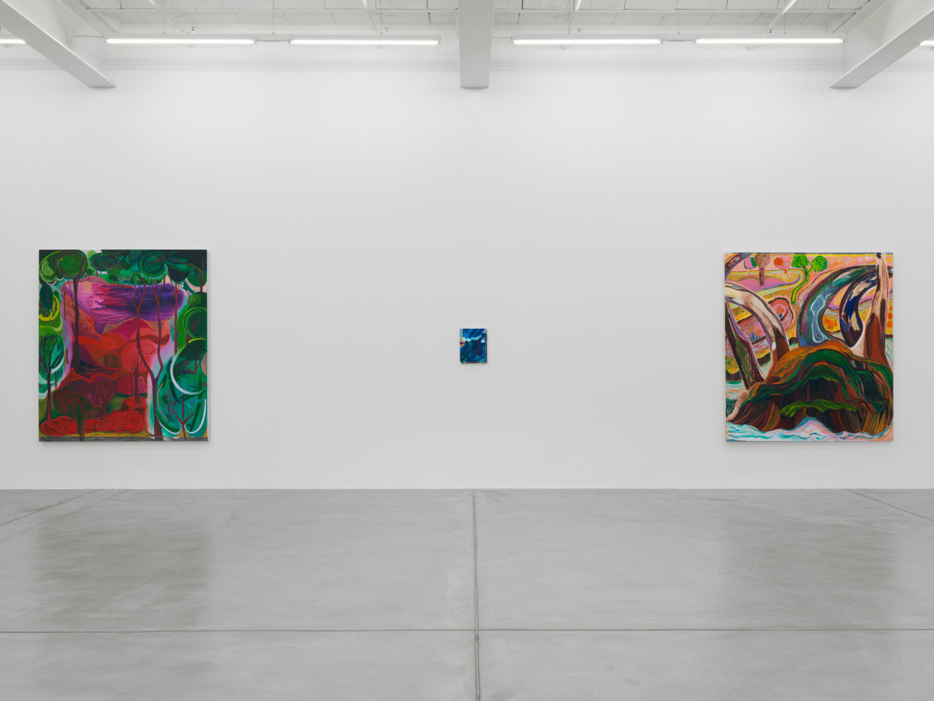 Installation view of Shara Hughes paintings exhibition
