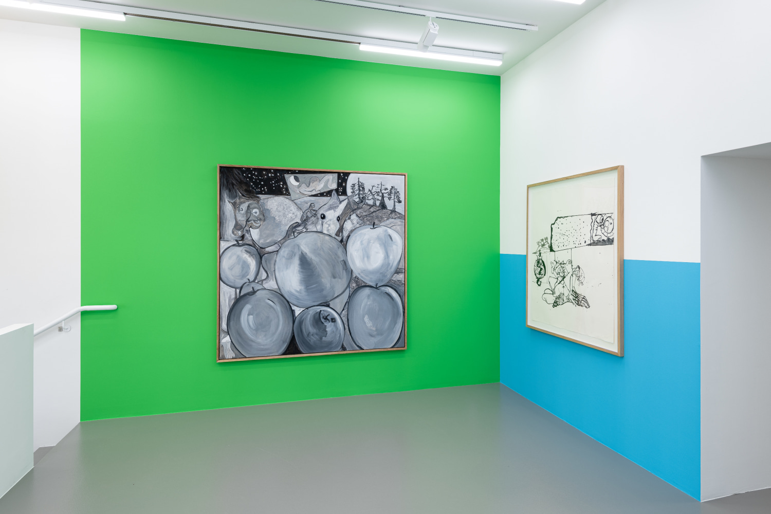 Installation view of paintings by Tobias Pils and wall paintings by Gerwald Rockenschaub
