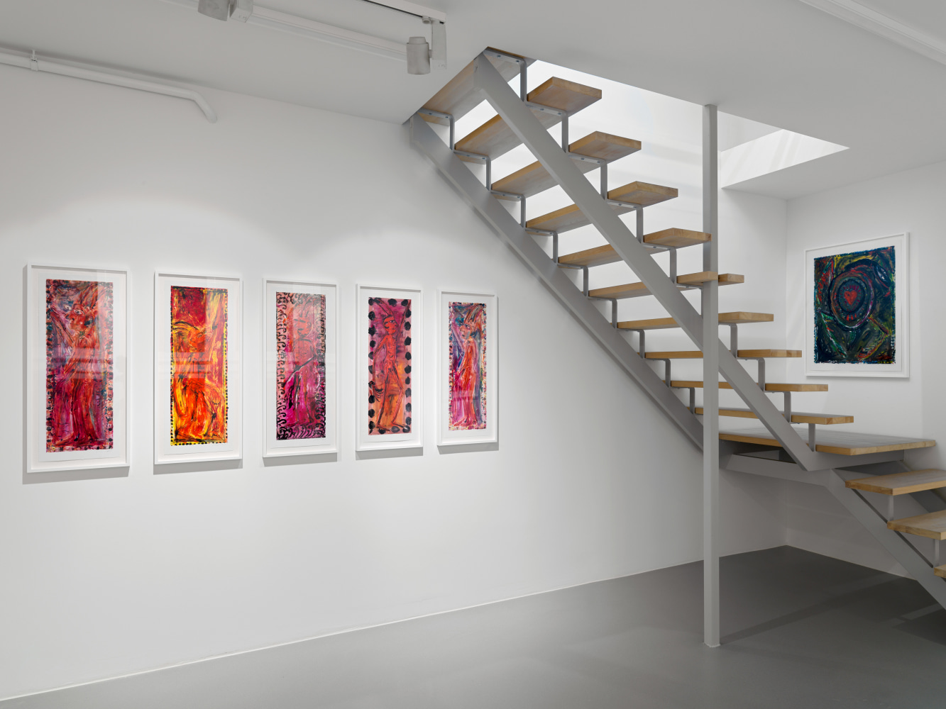 Installation view of Josh Smith paintings, monotypes, and ceramics exhibition