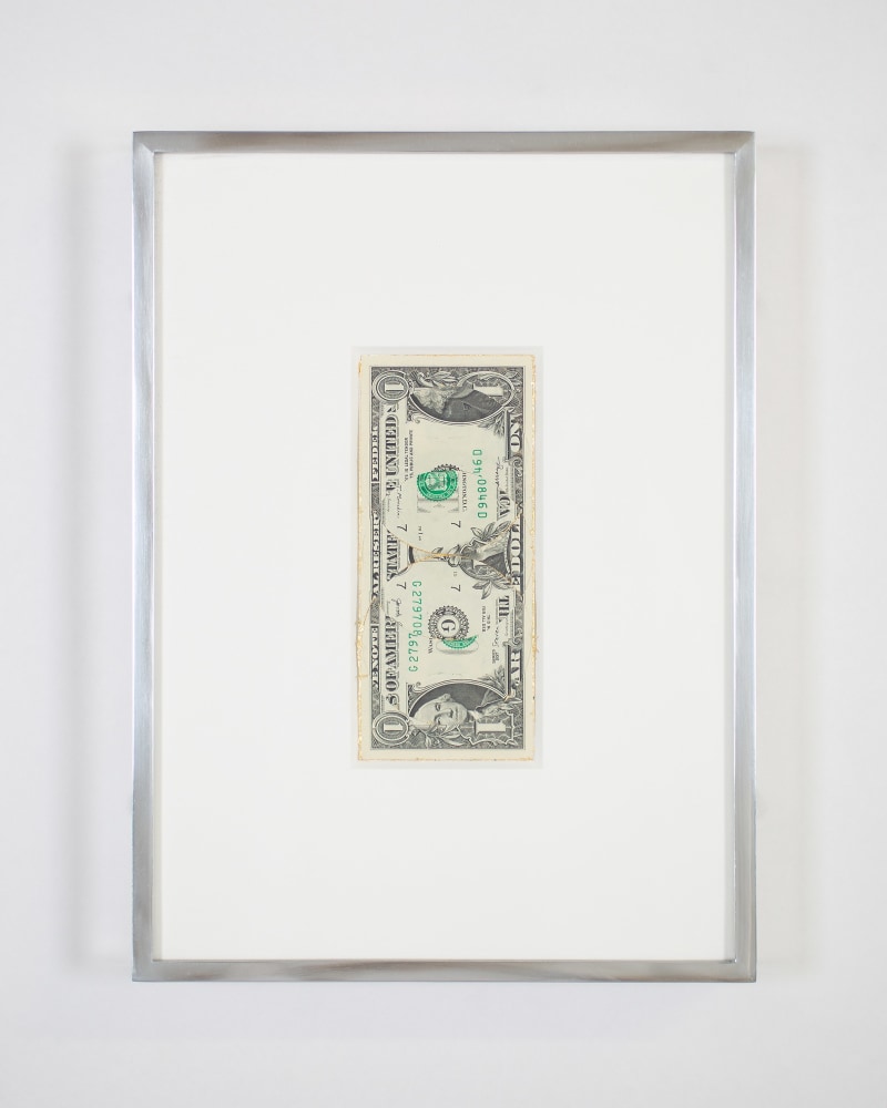 Blind Collage (Three 180&amp;deg; Rotations, United States Federal Reserve One-Dollar Note: Series 2017, Issued by Federal Reserve Bank of Chicago, Illinois, Printed in Fort Worth, Texas, Plate Position I5, Front Plate No. 48, Back Plate No. 49, Serial No. G27970846D, #2)
2021
United States Federal Reserve one-dollar bill, tape, and 22 karat gold leaf
Object 6.5 x 15.5 cm / 2 5/8 x 6 1/8 inches
Frame 24 x 32.5 cm / 9 1/2 x 12 7/8 inches
BESHT48254

&amp;nbsp;