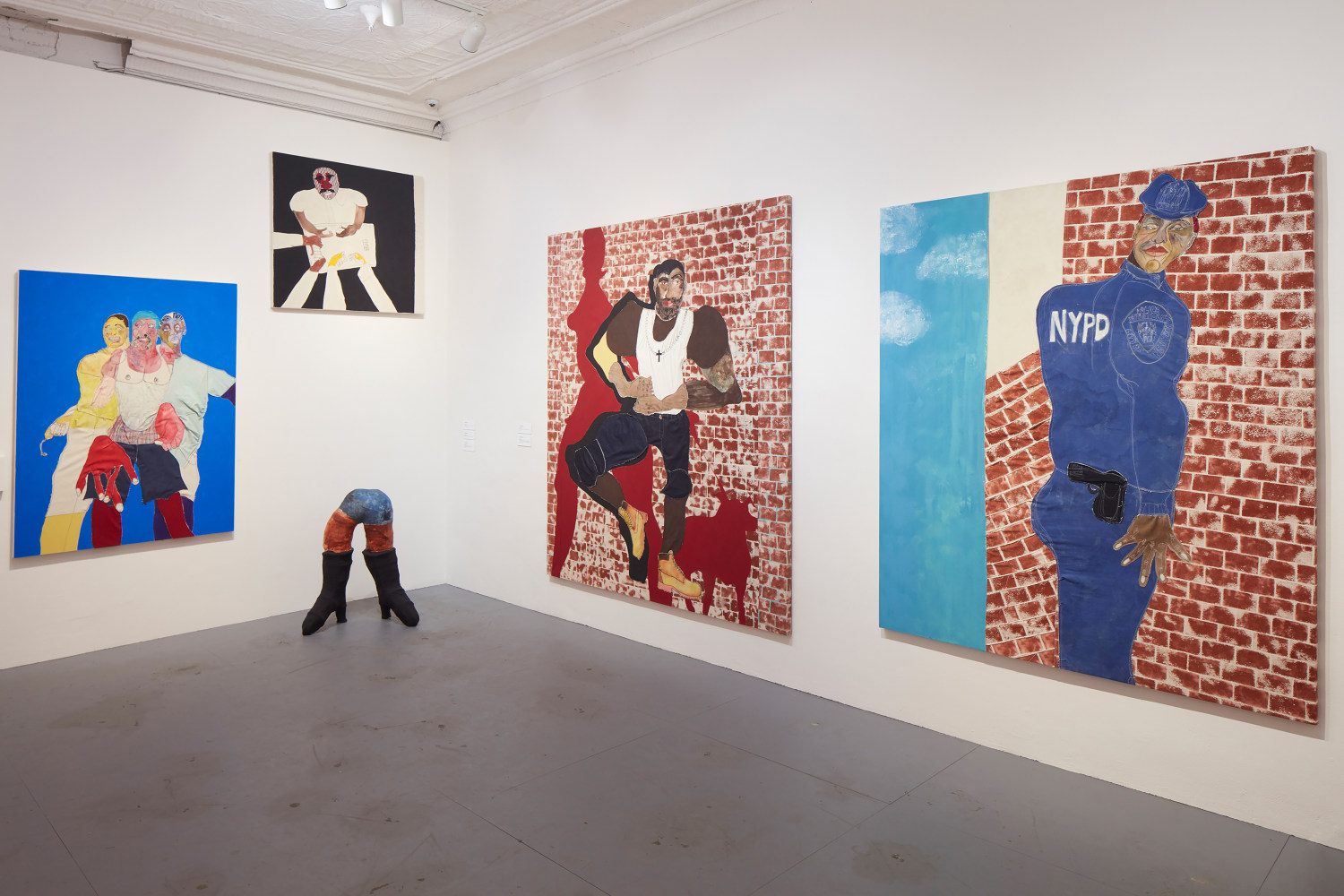 Installation view of paintings and sculptures by Tschabalala Self