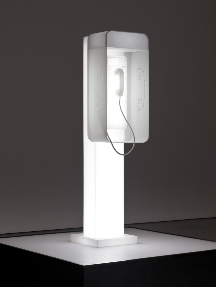 Phonebooth sculpture by Doug Aitken, twilight 2014 Cast resin, acrylic, responsive LEDs 182 x 138 x 138 cm / 71 3/4 x 54 1/4 x 54 1/4 in ​Edition of 4 + 2 AP © Doug Aitken