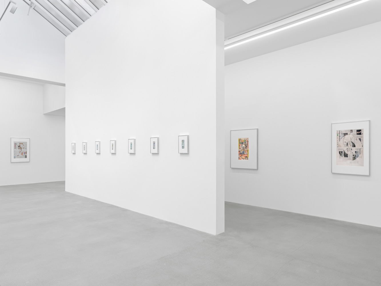 Installation view of Walead Beshty collage, photography, and sculpture exhibition