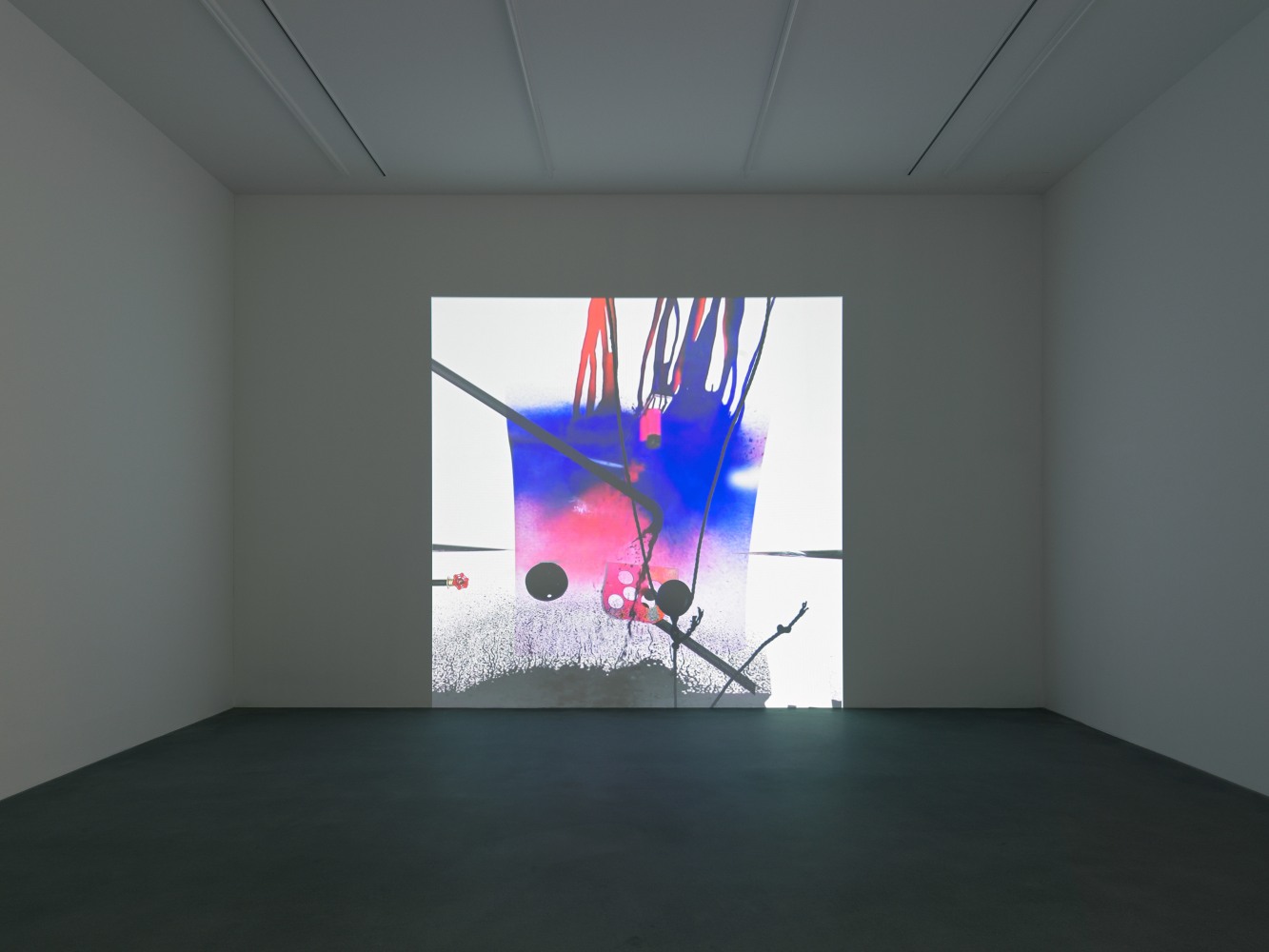 Installation view of paintings and video by Alex Hubbard