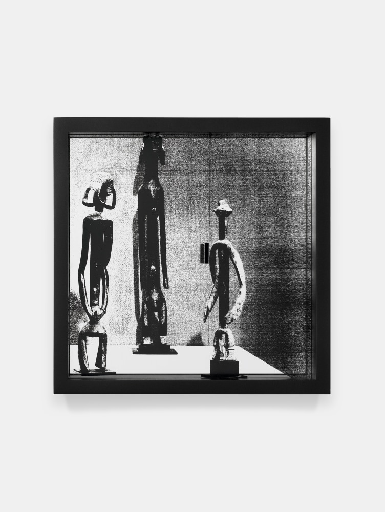 Adam Pendleton System of Display, I (WRITING/Art of Black Africa, Kunsthaus Zurich, 1970) 2018 Silkscreen ink on plexiglass and mirror 24.92 × 24.92 × 7.94 cm / 9 13/16 × 9 13/16 × 3 1/8 in