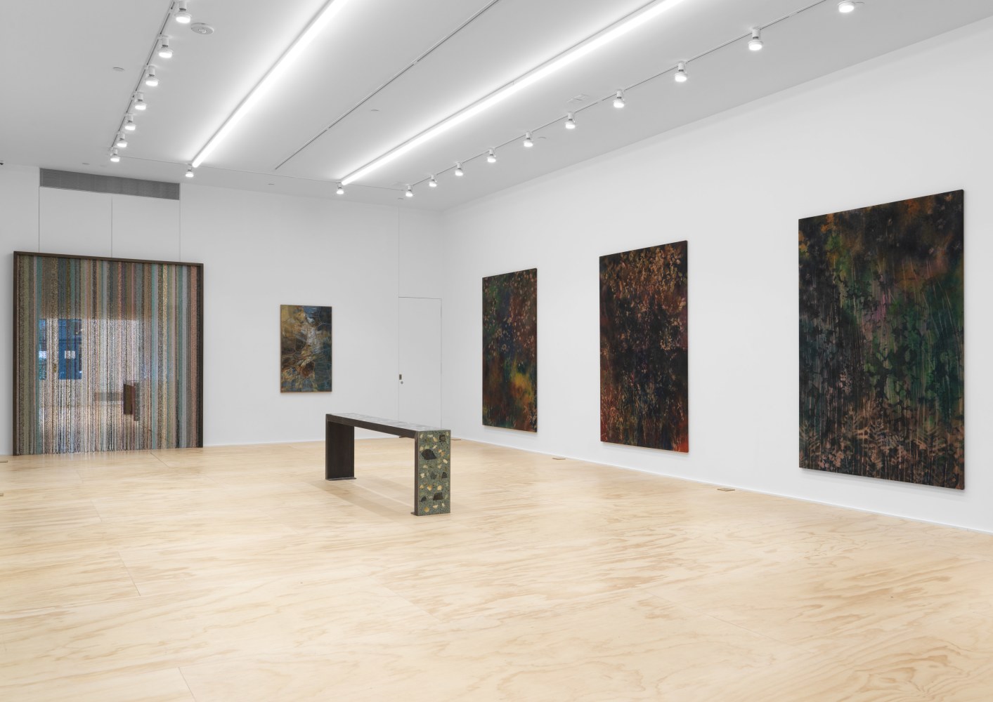 Installation view of Sam Falls paintings and sculptures exhibition