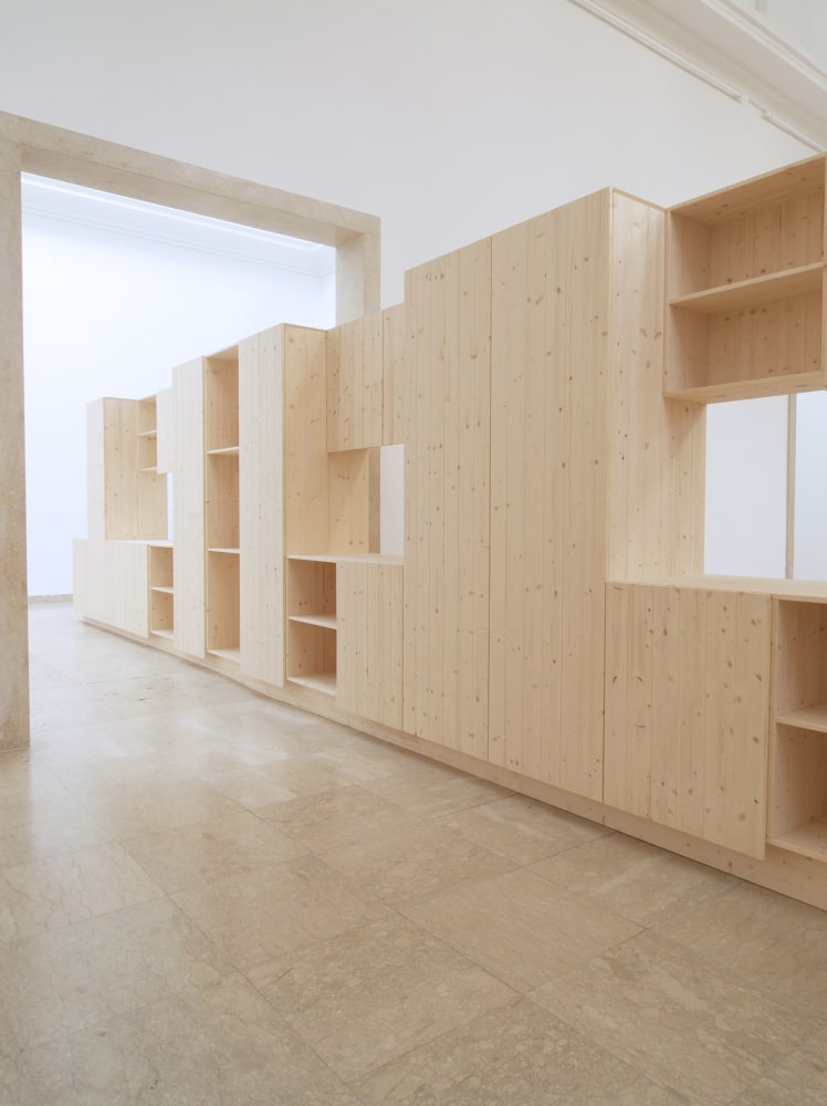 Installation view of sculptures by Liam Gillick